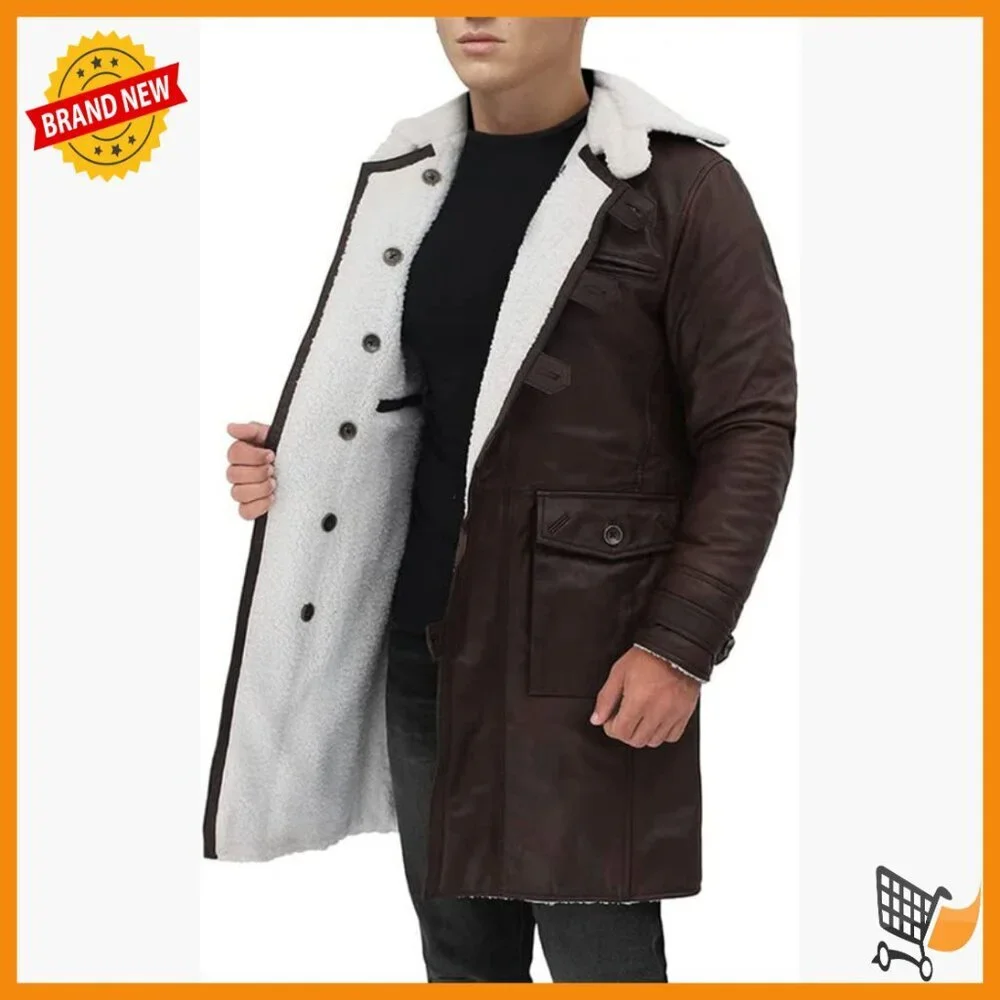 Men's Faux Leather Trench Coat with Faux Shearling Lining, Slim Fit